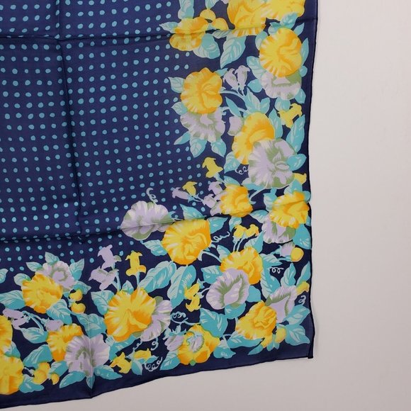 Vintage Silk Scarf Square Blue Yellow Floral Polka Dot 29"  Hand Rolled - Picture 5 of 10